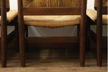和製ビンテージ　松本民芸家具　ナラ材　アジアンテイストのお部屋におすすめなラッシチェア4脚セット(低椅子、ラウンジチェア、ダイニングチェア、椅子、イス、ヴィンテージ)(R-072213)