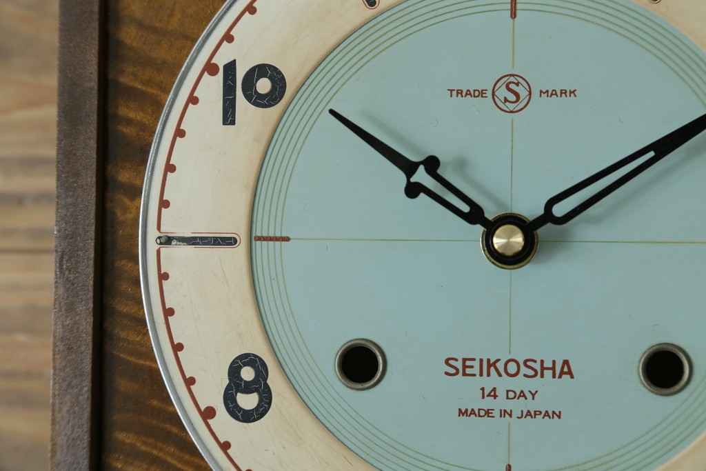 和製アンティーク　精工舎(SEIKOSHA、セイコー)　14DAY　TRADE(S)MARK　デザインが特徴的なおしゃれな掛け時計　(R-072259)