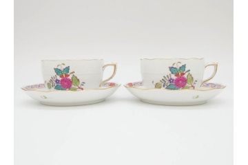 ヘレンド　ハンガリー　HEREND HVNGARY　アポニー・フラワー　華やかな花たちが食卓に彩を与えるティーカップ&ソーサー2客セット(HUNGARY、洋食器、C&S)(R-072282)