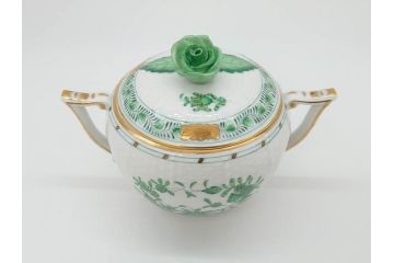 ヘレンド　ハンガリー　HEREND HVNGARY　インドの華　清楚な色合いとデザインが素敵なシュガーポット(HUNGARY、グリーン、洋食器、ボンボン入れ、小物入れ)(R-072283)