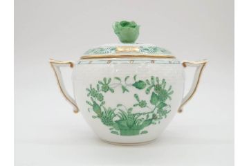 ヘレンド　ハンガリー　HEREND HVNGARY　インドの華　清楚な色合いとデザインが素敵なシュガーポット(HUNGARY、グリーン、洋食器、ボンボン入れ、小物入れ)(R-072283)