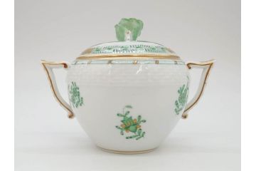 ヘレンド　ハンガリー　HEREND HVNGARY　インドの華　清楚な色合いとデザインが素敵なシュガーポット(HUNGARY、グリーン、洋食器、ボンボン入れ、小物入れ)(R-072283)