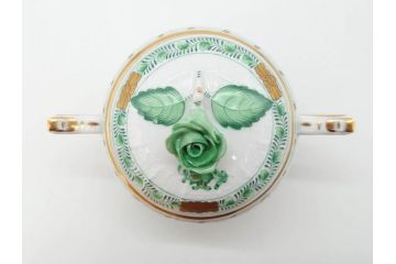 ヘレンド　ハンガリー　HEREND HVNGARY　インドの華　清楚な色合いとデザインが素敵なシュガーポット(HUNGARY、グリーン、洋食器、ボンボン入れ、小物入れ)(R-072283)