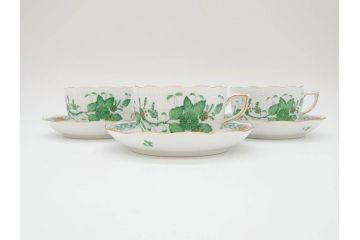 ヘレンド　ハンガリー　HEREND HVNGARY　インドの華　一つ一つ丁寧に作られた美しい意匠が目を惹くティーカップ&ソーサー3客セット(HUNGARY、洋食器、C&S、グリーン)(R-072284)
