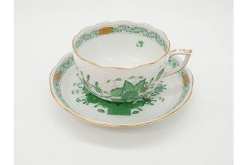 ヘレンド　ハンガリー　HEREND HVNGARY　インドの華　一つ一つ丁寧に作られた美しい意匠が目を惹くティーカップ&ソーサー3客セット(HUNGARY、洋食器、C&S、グリーン)(R-072284)