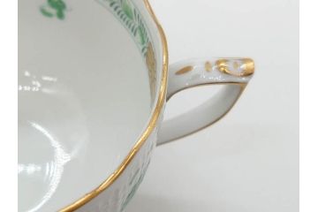 ヘレンド　ハンガリー　HEREND HVNGARY　インドの華　一つ一つ丁寧に作られた美しい意匠が目を惹くティーカップ&ソーサー3客セット(HUNGARY、洋食器、C&S、グリーン)(R-072284)