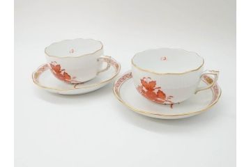 ヘレンド　ハンガリー　HEREND HVNGARY　アポニー・オレンジ　明るいビタミンカラーが華やかな空間を演出するティーカップ&ソーサー2客セット(HUNGARY、洋食器、C&S)(R-072285)