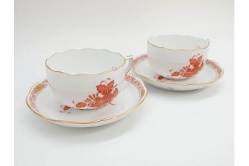 ヘレンド　ハンガリー　HEREND HVNGARY　アポニー・オレンジ　明るいビタミンカラーが華やかな空間を演出するティーカップ&ソーサー2客セット(HUNGARY、洋食器、C&S)(R-072285)