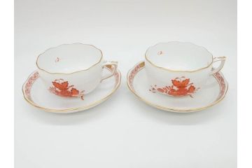 ヘレンド　ハンガリー　HEREND HVNGARY　アポニー・オレンジ　明るいビタミンカラーが華やかな空間を演出するティーカップ&ソーサー2客セット(HUNGARY、洋食器、C&S)(R-072285)