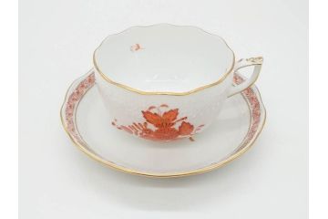 ヘレンド　ハンガリー　HEREND HVNGARY　アポニー・オレンジ　明るいビタミンカラーが華やかな空間を演出するティーカップ&ソーサー2客セット(HUNGARY、洋食器、C&S)(R-072285)