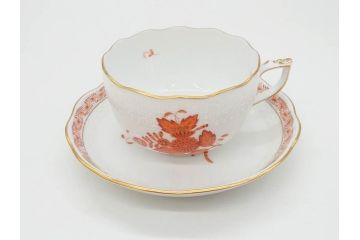 ヘレンド　ハンガリー　HEREND HVNGARY　アポニー・オレンジ　明るいビタミンカラーが華やかな空間を演出するティーカップ&ソーサー2客セット(HUNGARY、洋食器、C&S)(R-072285)