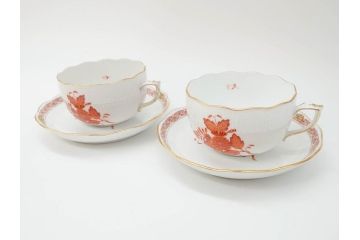 ヘレンド　ハンガリー　HEREND HVNGARY　アポニー・オレンジ　明るいビタミンカラーが華やかな空間を演出するティーカップ&ソーサー2客セット(HUNGARY、洋食器、C&S)(R-072286)