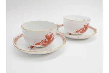 ヘレンド　ハンガリー　HEREND HVNGARY　アポニー・オレンジ　明るいビタミンカラーが華やかな空間を演出するティーカップ&ソーサー2客セット(HUNGARY、洋食器、C&S)(R-072286)