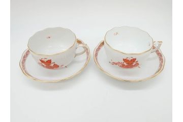ヘレンド　ハンガリー　HEREND HVNGARY　アポニー・オレンジ　明るいビタミンカラーが華やかな空間を演出するティーカップ&ソーサー2客セット(HUNGARY、洋食器、C&S)(R-072286)