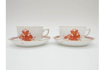 ヘレンド　ハンガリー　HEREND HVNGARY　アポニー・オレンジ　明るいビタミンカラーが華やかな空間を演出するティーカップ&ソーサー2客セット(HUNGARY、洋食器、C&S)(R-072286)