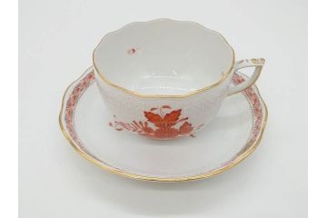 ヘレンド　ハンガリー　HEREND HVNGARY　アポニー・オレンジ　明るいビタミンカラーが華やかな空間を演出するティーカップ&ソーサー2客セット(HUNGARY、洋食器、C&S)(R-072286)