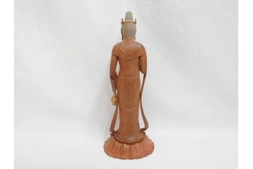 昭和　観世音菩薩　木彫　金彩　彩絵　細かい所までつくり込まれた仏像(加賀向正運?、置物、オブジェ、観音像、共箱付き)(R-072290)