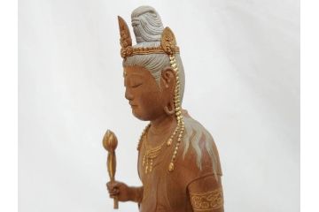 昭和　観世音菩薩　木彫　金彩　彩絵　細かい所までつくり込まれた仏像(加賀向正運?、置物、オブジェ、観音像、共箱付き)(R-072290)