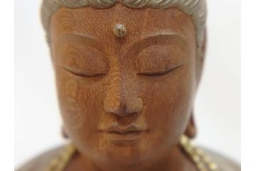 昭和　観世音菩薩　木彫　金彩　彩絵　細かい所までつくり込まれた仏像(加賀向正運?、置物、オブジェ、観音像、共箱付き)(R-072290)