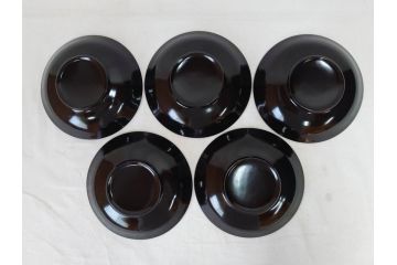 大正〜昭和初期　輪島塗　果物　蒔絵　それぞれ大胆に描かれた図柄が素敵な銘々皿5客セット(枇杷、葡萄、銀杏、石榴(柘榴)、桃、漆器、菓子器、和食器、中皿、和皿、木箱付き、袋付き)(R-072303)