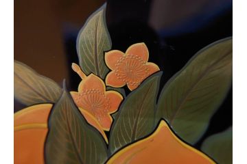 大正〜昭和初期　輪島塗　果物　蒔絵　それぞれ大胆に描かれた図柄が素敵な銘々皿5客セット(枇杷、葡萄、銀杏、石榴(柘榴)、桃、漆器、菓子器、和食器、中皿、和皿、木箱付き、袋付き)(R-072303)
