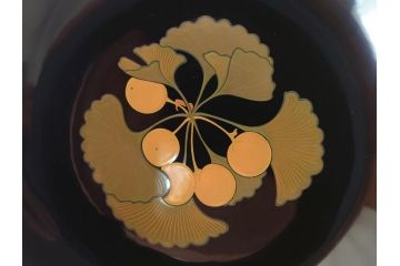 大正〜昭和初期　輪島塗　果物　蒔絵　それぞれ大胆に描かれた図柄が素敵な銘々皿5客セット(枇杷、葡萄、銀杏、石榴(柘榴)、桃、漆器、菓子器、和食器、中皿、和皿、木箱付き、袋付き)(R-072303)