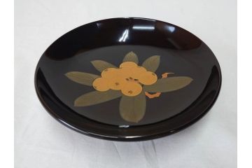 大正〜昭和初期　輪島塗　果物　蒔絵　それぞれ大胆に描かれた図柄が素敵な銘々皿5客セット(枇杷、葡萄、銀杏、石榴(柘榴)、桃、漆器、菓子器、和食器、中皿、和皿、木箱付き、袋付き)(R-072303)