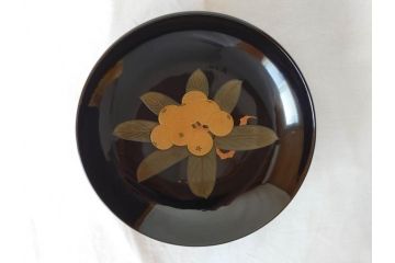 大正〜昭和初期　輪島塗　果物　蒔絵　それぞれ大胆に描かれた図柄が素敵な銘々皿5客セット(枇杷、葡萄、銀杏、石榴(柘榴)、桃、漆器、菓子器、和食器、中皿、和皿、木箱付き、袋付き)(R-072303)