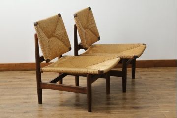 和製ビンテージ　松本民芸家具　ナラ材　アジアンテイストのお部屋におすすめなラッシチェア2脚セット(低椅子、ラウンジチェア、ダイニングチェア、椅子、イス、ヴィンテージ)(R-072327)