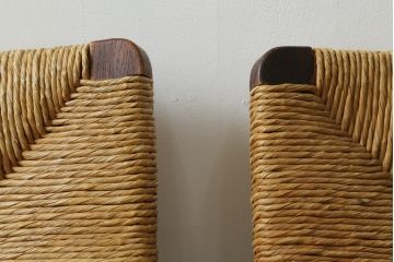 和製ビンテージ　松本民芸家具　ナラ材　アジアンテイストのお部屋におすすめなラッシチェア2脚セット(低椅子、ラウンジチェア、ダイニングチェア、椅子、イス、ヴィンテージ)(R-072327)