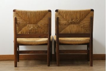 和製ビンテージ　松本民芸家具　ナラ材　アジアンテイストのお部屋におすすめなラッシチェア2脚セット(低椅子、ラウンジチェア、ダイニングチェア、椅子、イス、ヴィンテージ)(R-072327)