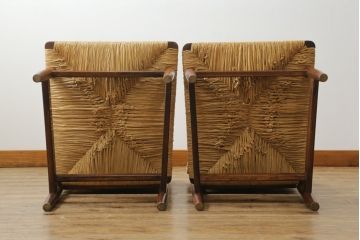 和製ビンテージ　松本民芸家具　ナラ材　アジアンテイストのお部屋におすすめなラッシチェア2脚セット(低椅子、ラウンジチェア、ダイニングチェア、椅子、イス、ヴィンテージ)(R-072327)