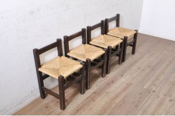 和製ビンテージ　松本民芸家具　アジアンテイストのお部屋におすすめのシンプルでお洒落なラッシチェア4脚セット(ダイニングチェア、椅子、イス、ヴィンテージ、バラ売り可能)(R-072334)