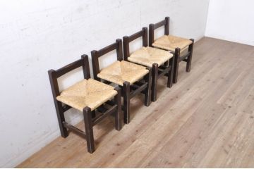 和製ビンテージ　松本民芸家具　アジアンテイストのお部屋におすすめのシンプルでお洒落なラッシチェア4脚セット(ダイニングチェア、椅子、イス、ヴィンテージ)(R-072336)
