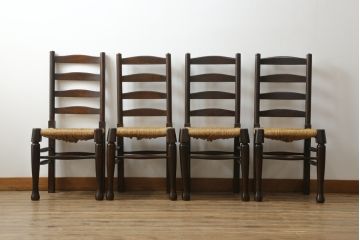 和製ビンテージ　松本民芸家具　ラダーバックがお洒落なラッシチェア4脚セット(ダイニングチェア、椅子、イス、ヴィンテージ)(R-072337)