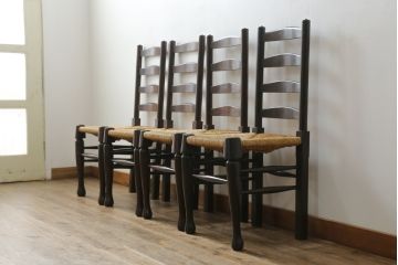 和製ビンテージ　松本民芸家具　ラダーバックがお洒落なラッシチェア4脚セット(ダイニングチェア、椅子、イス、ヴィンテージ)(R-072339)