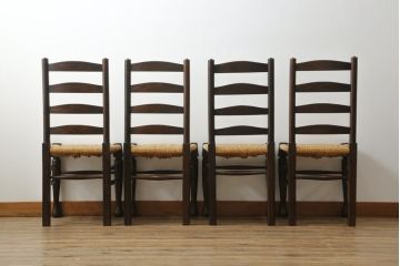 和製ビンテージ　松本民芸家具　ラダーバックがお洒落なラッシチェア4脚セット(ダイニングチェア、椅子、イス、ヴィンテージ)(R-072340)