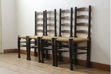 和製ビンテージ　松本民芸家具　ラダーバックがお洒落なラッシチェア4脚セット(ダイニングチェア、椅子、イス、ヴィンテージ)(R-072341)