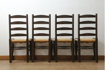 和製ビンテージ　松本民芸家具　ラダーバックがお洒落なラッシチェア4脚セット(ダイニングチェア、椅子、イス、ヴィンテージ)(R-072341)