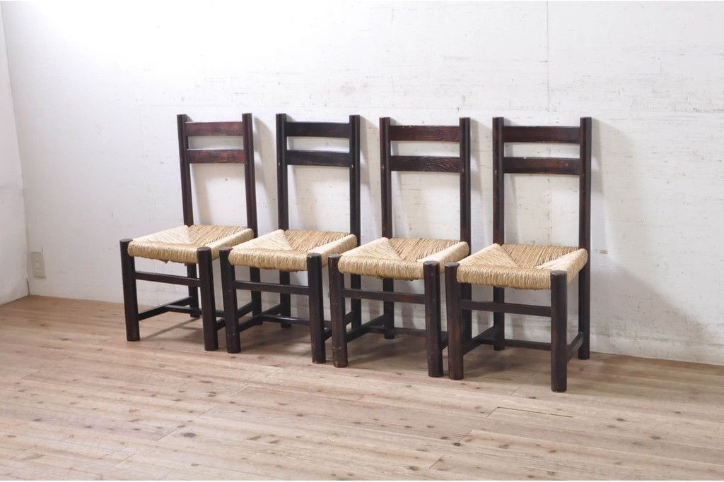 【簡易リペア限定品】和製ヴィンテージ　落ち着いた色味とラッシのコントラストがお洒落な民芸風ラッシチェア4脚セット　(R-072342)