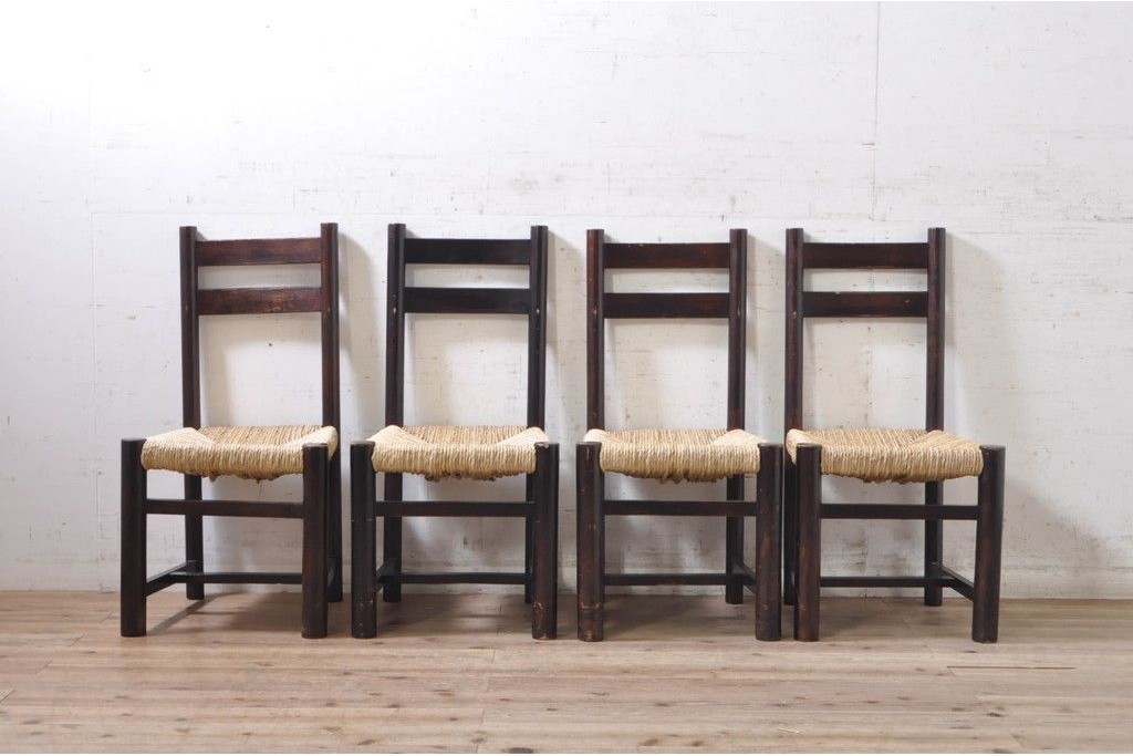 【簡易リペア限定品】和製ヴィンテージ　落ち着いた色味とラッシのコントラストがお洒落な民芸風ラッシチェア4脚セット　(R-072342)