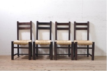 【簡易リペア限定品】和製ヴィンテージ　落ち着いた色味とラッシのコントラストがお洒落な民芸風ラッシチェア4脚セット　(R-072342)