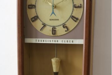 和製アンティーク　精工舎(SEIKOSHA、セイコー)　TRADE(S)MARK　TRANSISTOR CLOCK(トランジスタクロック)　昭和レトロ　スケルトンデザインがおしゃれな掛け時計(柱時計、古時計、振り子時計)(R-072343)