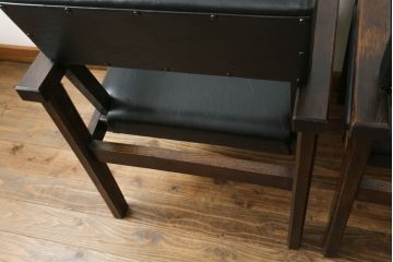 和製ビンテージ　松本民芸家具　特注　ナラ材　合皮　シンプルでスタイリッシュなアームチェア2脚セット(ダイニングチェア、椅子、イス、ヴィンテージ)(R-072377)