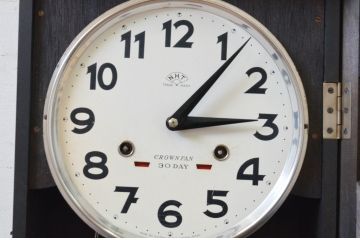 和製アンティーク　堀田時計店　TRADE MARK(トレードマーク)　N.H.T　CROWNFAN(クラウンファン)　30DAY　レリーフとクラシカルなデザインが魅力の掛け時計(柱時計、古時計、振り子時計)(R-072402)
