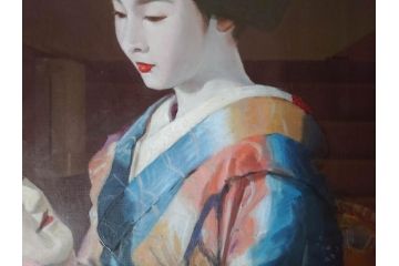 小松崎邦雄　10F(10号)　白い顔　優美な姿に思わず見惚れてしまう油彩(舞妓、絵画、油絵、人物画、額装、箱付き)(R-072475)