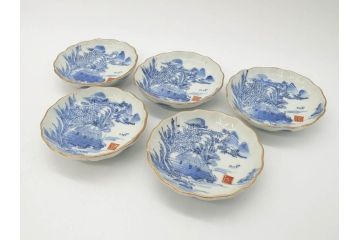 江戸後期〜幕末　伊万里　染付　山水図　約11cm　3.6寸　繊細な絵付けが食卓のアクセントになる小皿5枚セット(和皿、深皿、和食器、三寸六分)(R-072479)