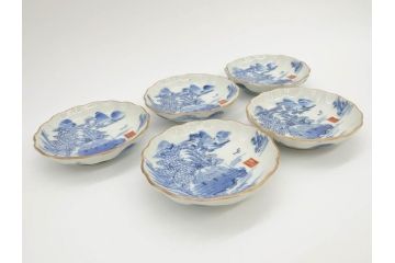 江戸後期〜幕末　伊万里　染付　山水図　約11cm　3.6寸　繊細な絵付けが食卓のアクセントになる小皿5枚セット(和皿、深皿、和食器、三寸六分)(R-072479)