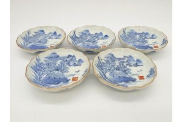江戸後期〜幕末　伊万里　染付　山水図　約11cm　3.6寸　繊細な絵付けが食卓のアクセントになる小皿5枚セット(和皿、深皿、和食器、三寸六分)(R-072479)