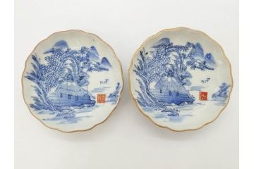 江戸後期〜幕末　伊万里　染付　山水図　約11cm　3.6寸　繊細な絵付けが食卓のアクセントになる小皿5枚セット(和皿、深皿、和食器、三寸六分)(R-072479)
